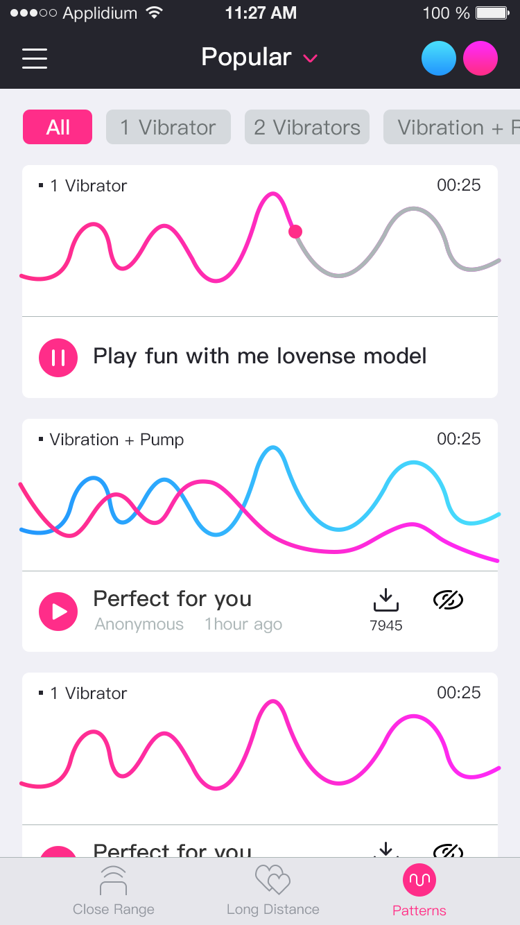 Posnetek zaslona aplikacije Lovense Remote create unlimited patterns.